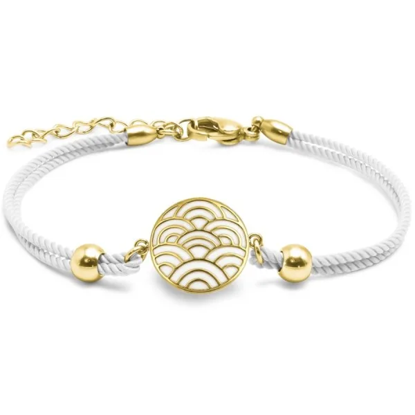 Bracelet acier PVD doré coton blanc - email - diamètre 15mm - 15+5cm