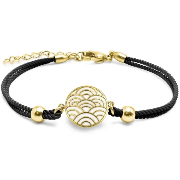 Bracelet acier PVD doré coton noir - email - diamètre 15mm - 15+5cm