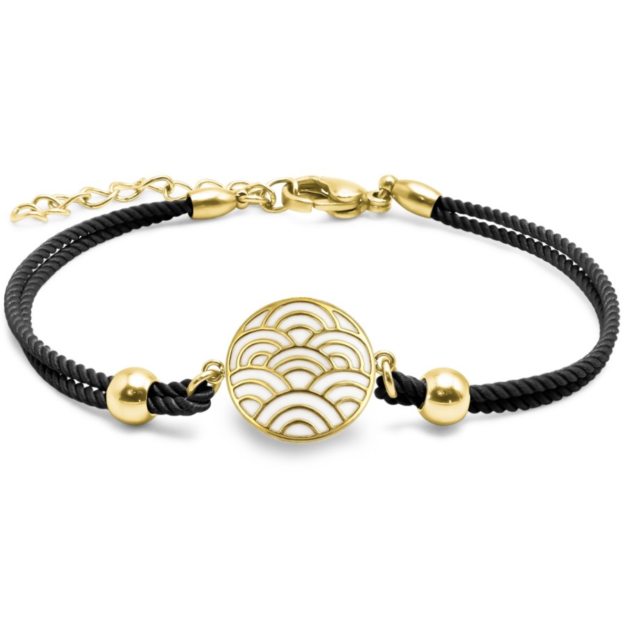 Bracelet acier PVD doré coton noir - email - diamètre 15mm - 15+5cm