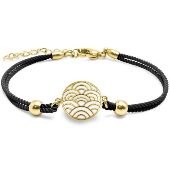 Bracelet acier PVD doré coton noir - email - diamètre 15mm - 15+5cm