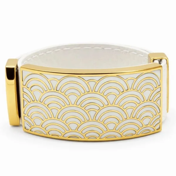 Bracelet acier PVD doré cuir blanc - email - largeur 2cm - réglable