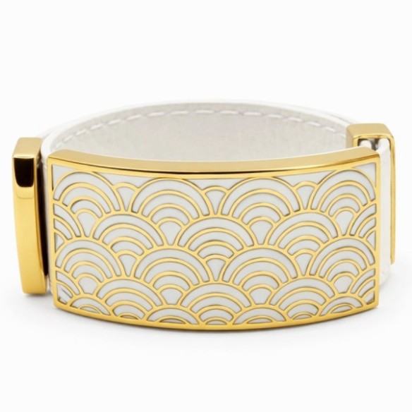 Bracelet acier PVD doré cuir blanc - email - largeur 2cm - réglable
