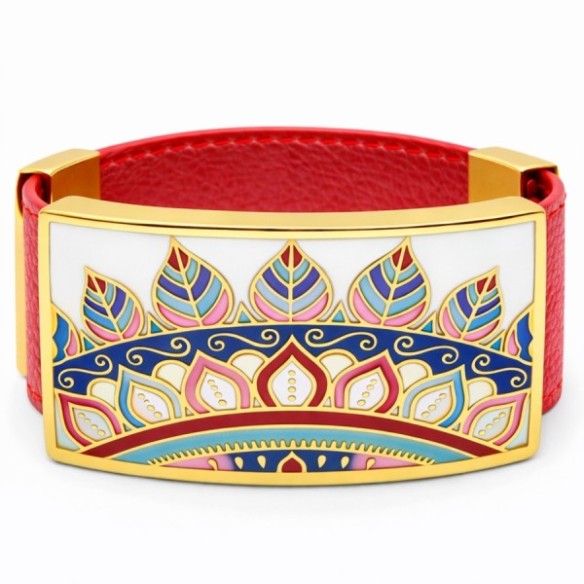 Bracelet acier PVD doré cuir rouge - email - largeur 2cm - réglable