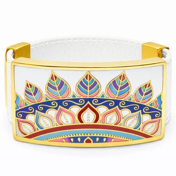 Bracelet acier PVD doré cuir blanc - email - largeur 2cm - réglable