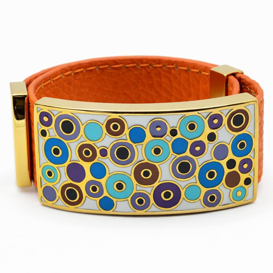 Bracelet acier PVD doré cuir orange - email - largeur 2cm - réglable