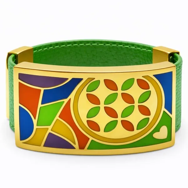 Bracelet acier PVD doré cuir vert - email - largeur 2cm - réglable