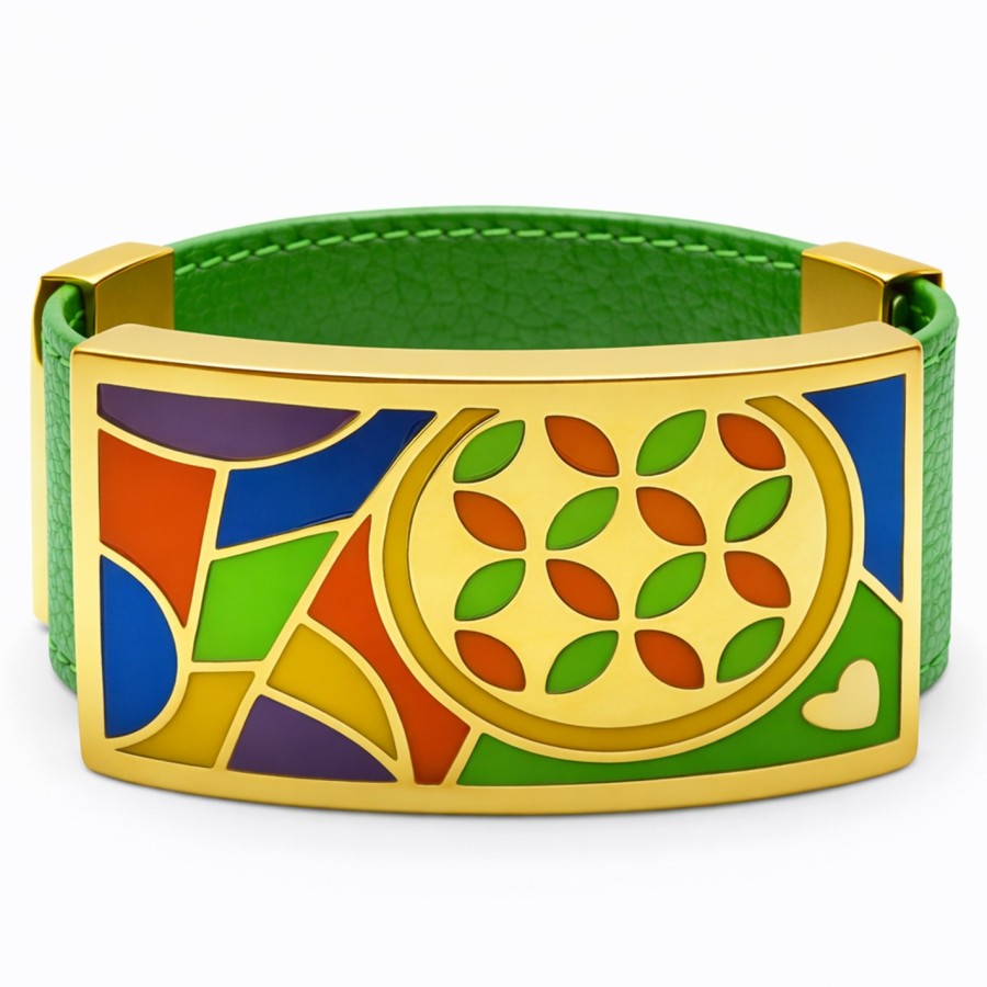 Bracelet acier PVD doré cuir vert - email - largeur 2cm - réglable
