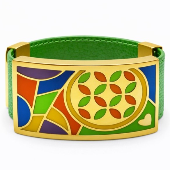 Bracelet acier PVD doré cuir vert - email - largeur 2cm - réglable