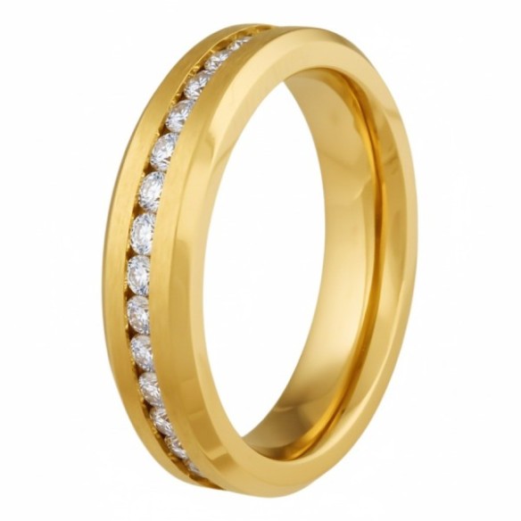 Bague en Titane Pur - PVD doré - zircons - largeur 5mm- Taille 52 à 62
