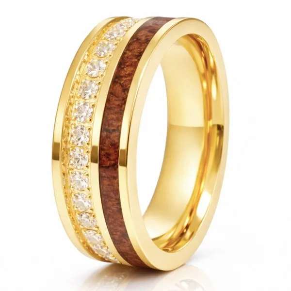 Bague en Titane Pur - PVD doré - bois incrusté - zircons - largeur 6mm- Taille 52 à 60