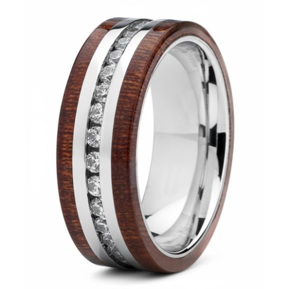 Bague en Titane Pur - bois incrusté - zircons - largeur 6mm- Taille 52 à 60