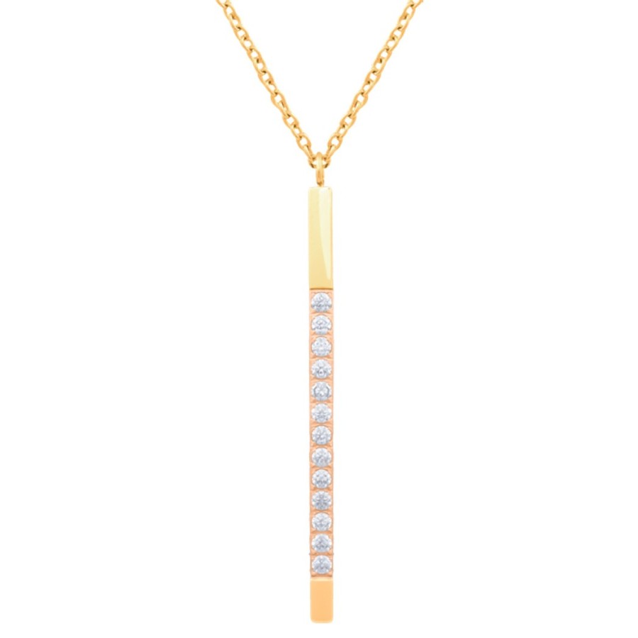 Collier en acier et Titane Pur - PVD doré - zircons - pendant 45x5mm - 38+5cm