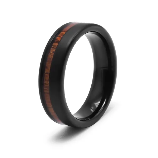 Bague tungstène - PVD noir - intérieur confort - incrustation bois ...