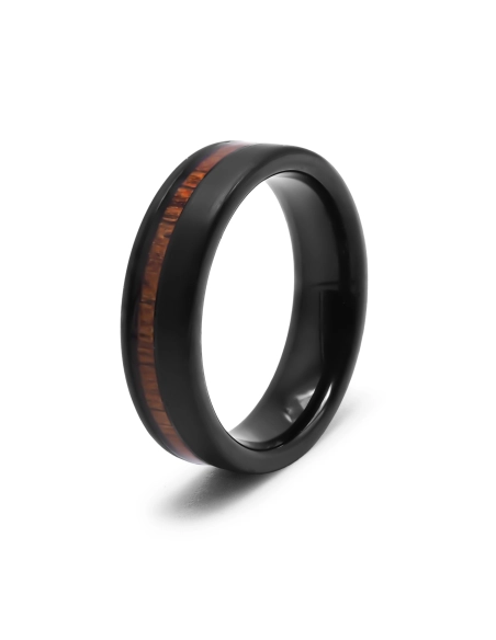 Bague tungstène - PVD noir - intérieur confort - incrustation bois ...