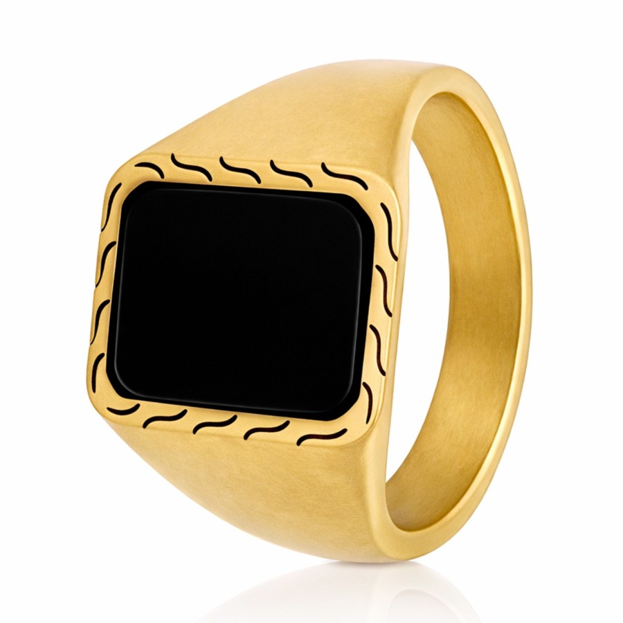 Chevalière acier - PVD doré - onyx - plate 12x9mm - Taille 58 à 68