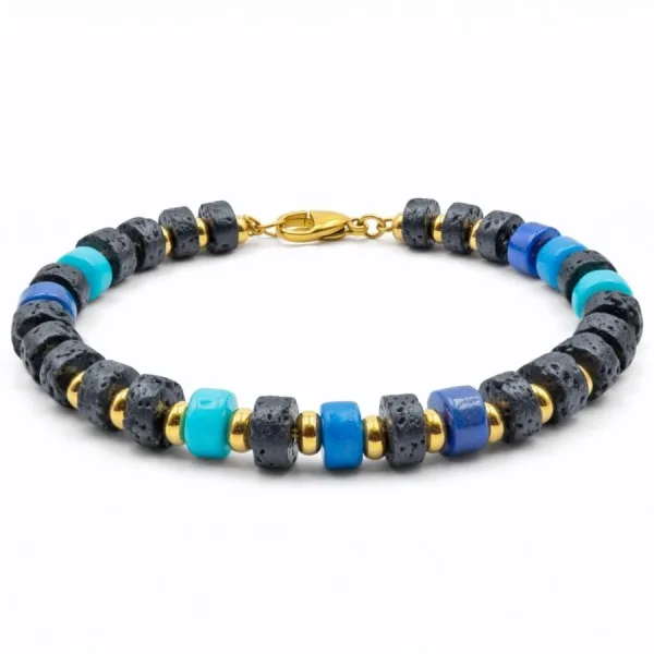 Bracelet acier - PVD Doré - pierre de lave, amazonite, lapis lazuli et apatite - disque 6x3mm - 18+5cm
