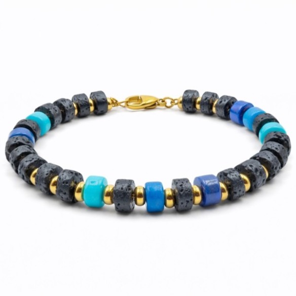 Bracelet acier - PVD Doré - pierre de lave, amazonite, lapis lazuli et apatite - disque 6x3mm - 18+5cm