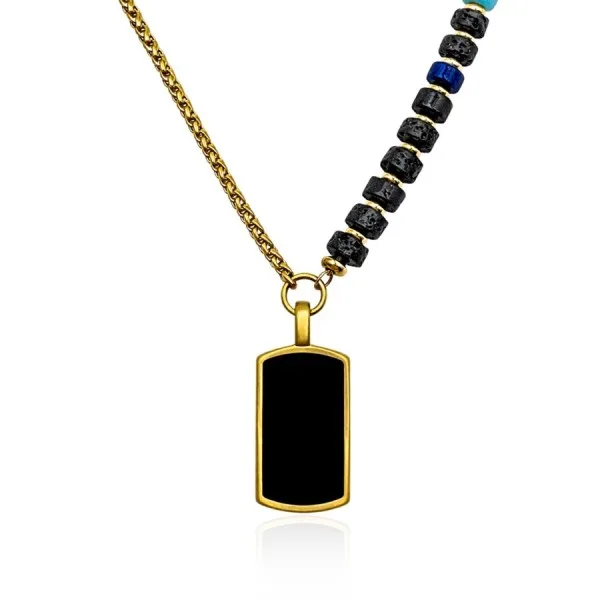 Collier acier - PVD doré - onyx, pierre de lave, amazonite, lapis et apatite - disque 6x3mm - pendentif 20x12x3mm - 45+10cm