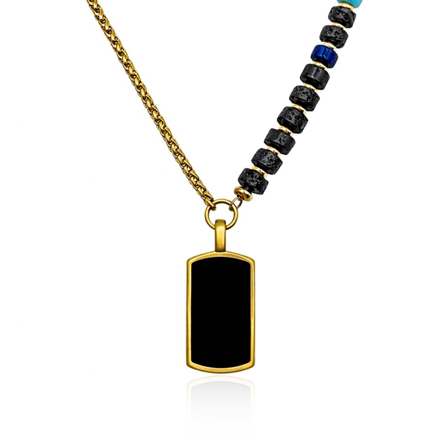 Collier acier - PVD doré - onyx, pierre de lave, amazonite, lapis et apatite - disque 6x3mm - pendentif 20x12x3mm - 45+10cm