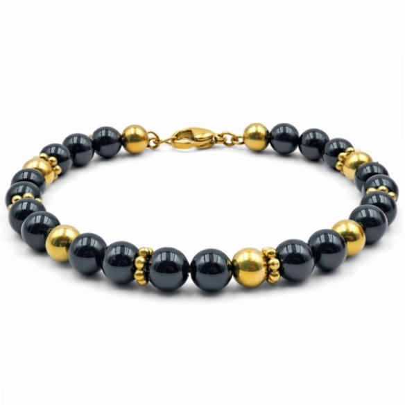 Bracelet acier - PVD doré - onyx - billes 6mm - 18+5cm