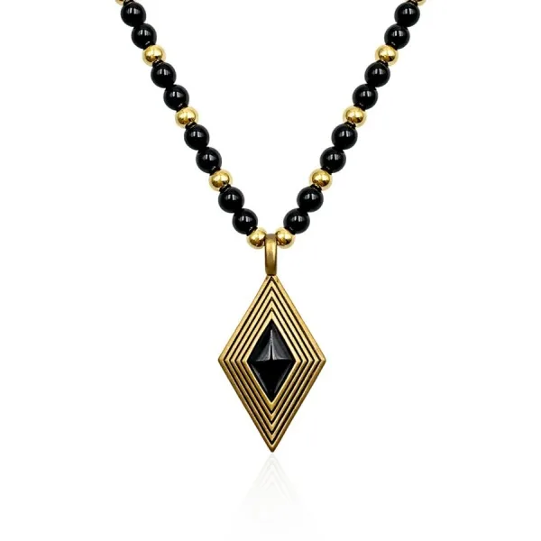 Collier acier - PVD doré - onyx - billes 4mm - pendentif 16x25x5mm - 45+10cm