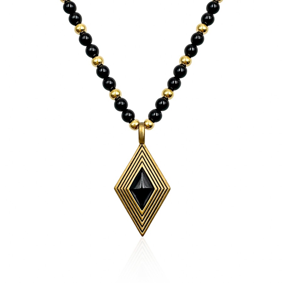 Collier acier - PVD doré - onyx - billes 4mm - pendentif 16x25x5mm - 45+10cm