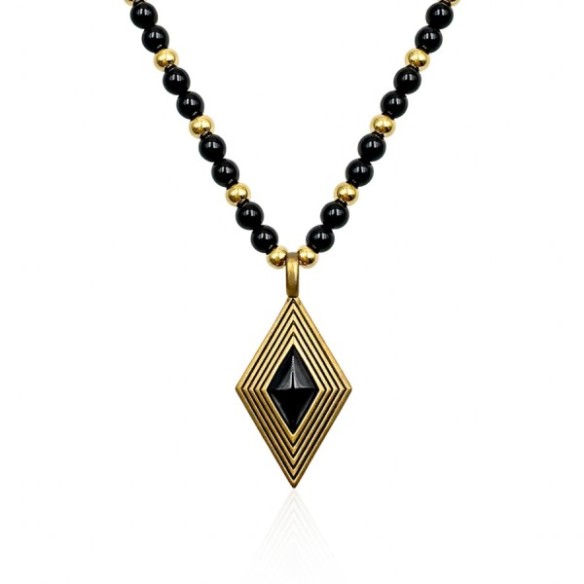 Collier acier - PVD doré - onyx - billes 4mm - pendentif 16x25x5mm - 45+10cm