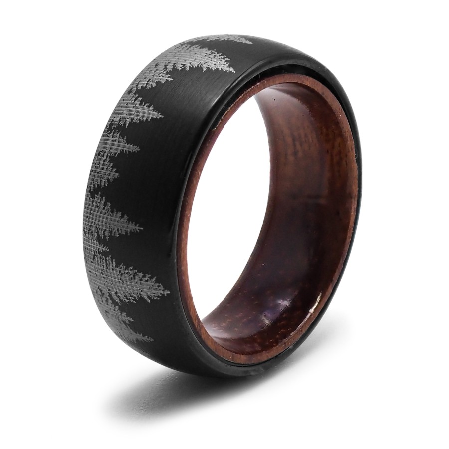 Bague tunsgtène - PVD noir - intérieur confort bois - gravure laser...