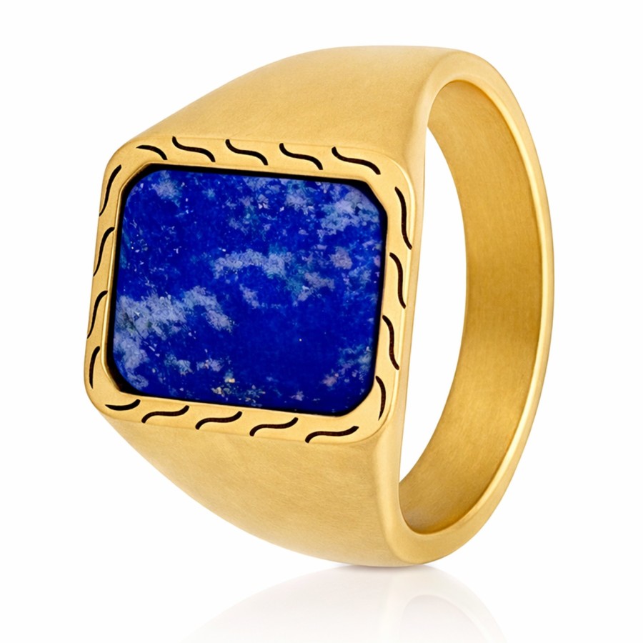 Chevalière acier - PVD doré - lapis lazuli plate 12x9mm - Taille 58 à 68