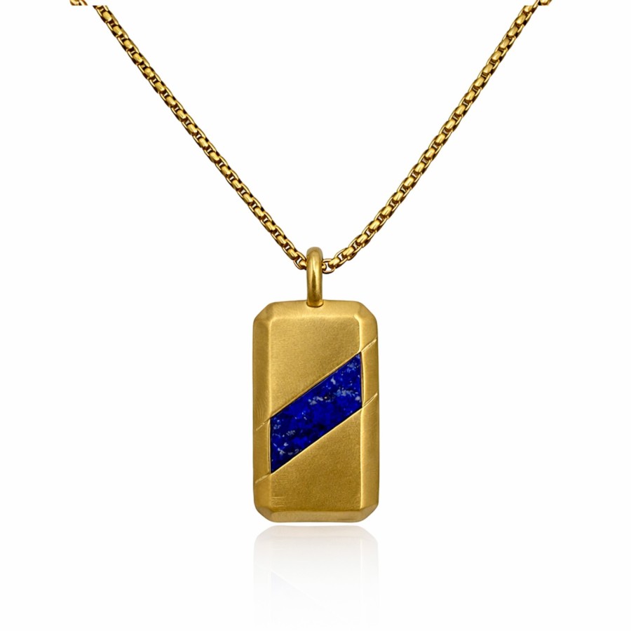 Collier acier - PVD doré - lapis lazuli - pendentif - 20x30x3mm - 45+10cm