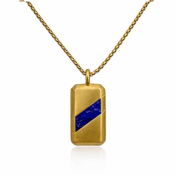 Collier acier - PVD doré - lapis lazuli - pendentif - 20x30x3mm - 45+10cm