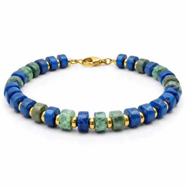 Bracelet acier - PVD Doré - lapis Lazuli, jaspe vert - disque 6x3mm - 18+5cm