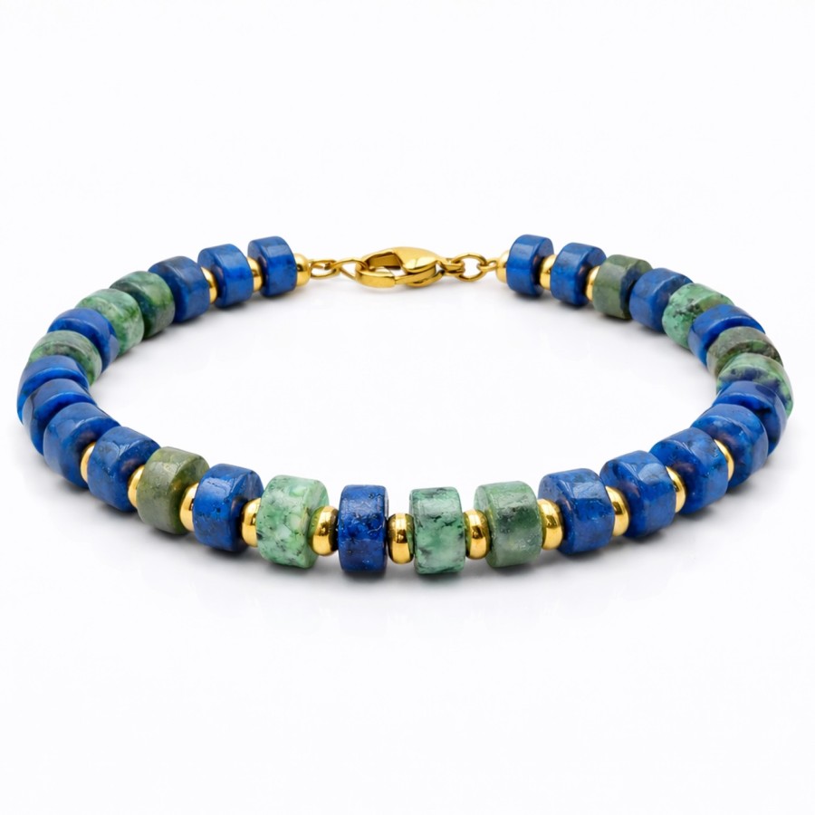Bracelet acier - PVD Doré - lapis Lazuli, jaspe vert - disque 6x3mm - 18+5cm