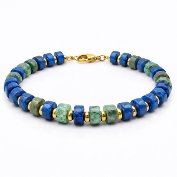 Bracelet acier - PVD Doré - lapis Lazuli, jaspe vert - disque 6x3mm - 18+5cm
