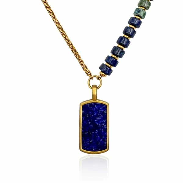Collier acier - PVD doré - lapis lazuli, jaspe vert - disque 6x3mm - pendentif 20x12x3mm - 45+10cm