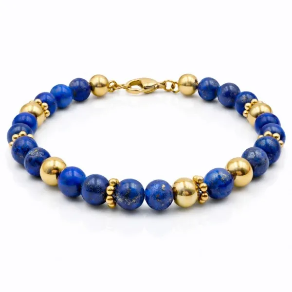 Bracelet acier - PVD doré - lapis Lazuli - billes 6mm - 18+5cm