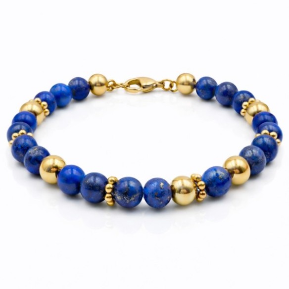 Bracelet acier - PVD doré - lapis Lazuli - billes 6mm - 18+5cm