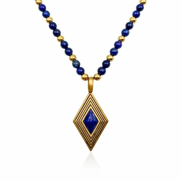 Collier acier - PVD doré - lapis lazuli- billes 4mm - pendentif 16x25x5mm - 45+10cm