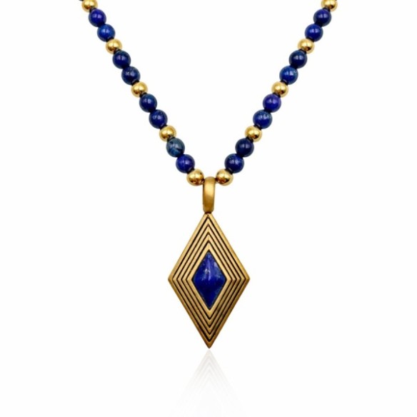 Collier acier - PVD doré - lapis lazuli- billes 4mm - pendentif 16x25x5mm - 45+10cm