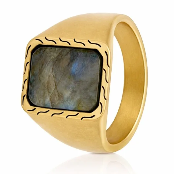 Chevalière acier - PVD doré - labradorite - plate 12x9mm - Taille 58 à 68