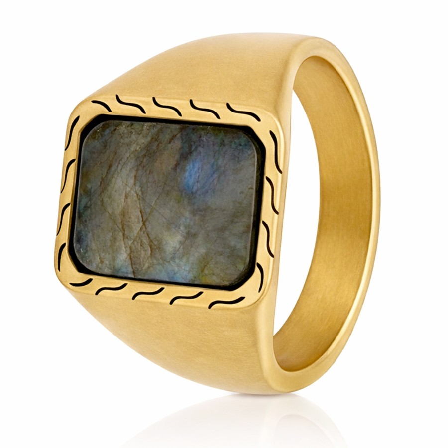 Chevalière acier - PVD doré - labradorite - plate 12x9mm - Taille 58 à 68