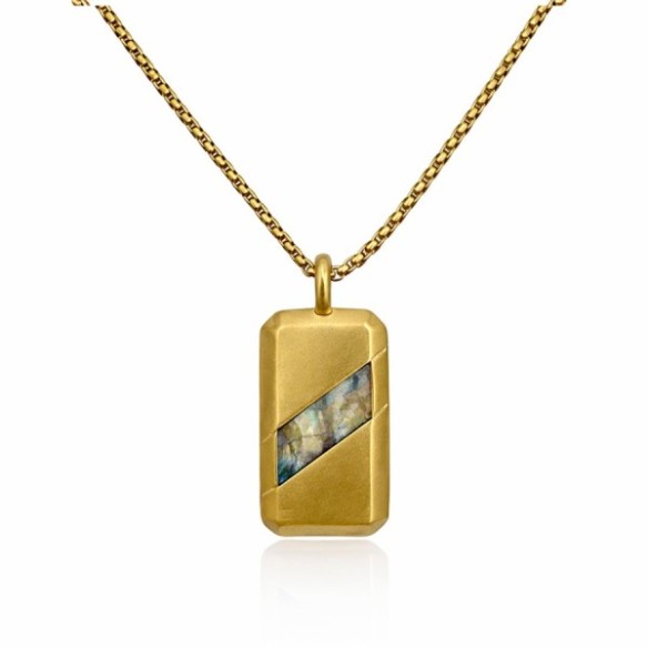 Collier acier - PVD doré - labradorite - pendentif - 20x30x3mm - 45+10cm
