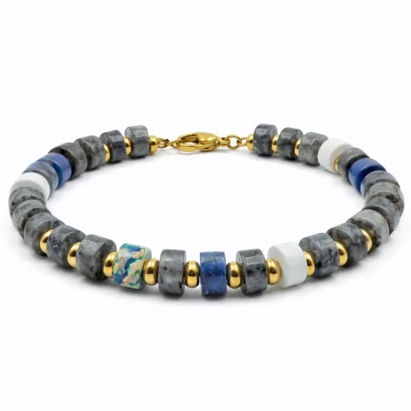 Bracelet acier - PVD Doré - jaspe gris, lapis lazuli, howlite - disque 6x3mm - 18+5cm