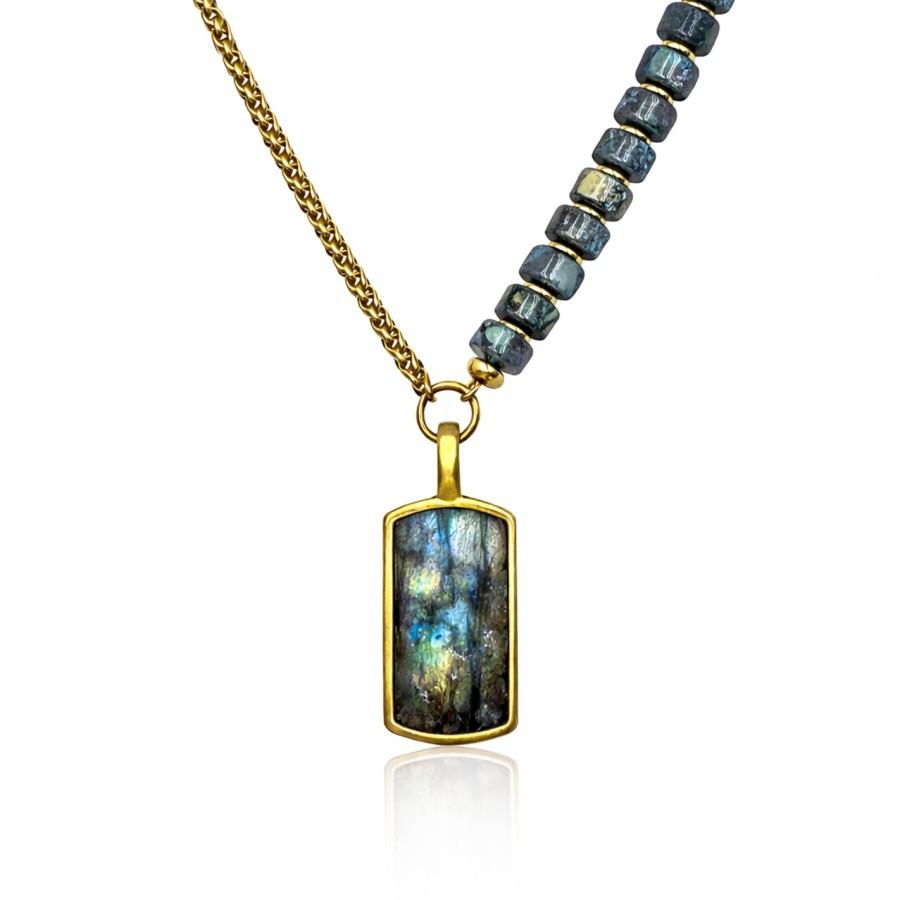 Collier acier - PVD doré - labradorite, jaspe gris, lapis lazuli, howlite - disque 6x3mm - pendentif 20x12x3mm - 45+10cm