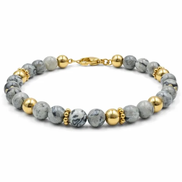 Bracelet acier - PVD doré - jaspe gris - billes 6mm - 18+5cm