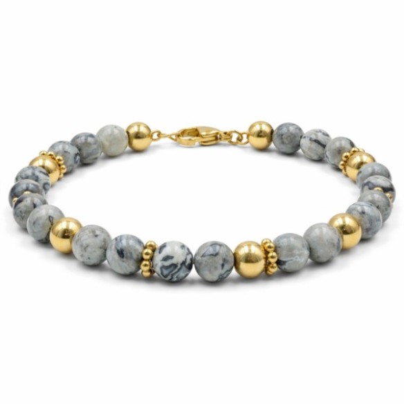 Bracelet acier - PVD doré - jaspe gris - billes 6mm - 18+5cm