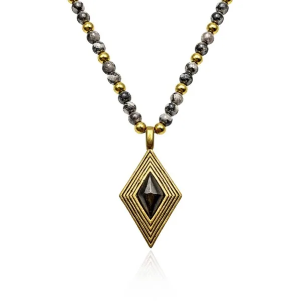 Collier acier - PVD doré - jaspe gris & labradorite - billes 4mm - pendentif 16x25x5mm - 45+10cm