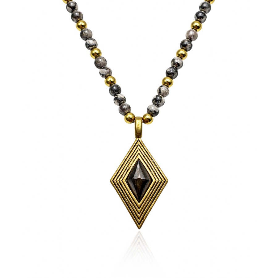 Collier acier - PVD doré - jaspe gris & labradorite - billes 4mm - pendentif 16x25x5mm - 45+10cm