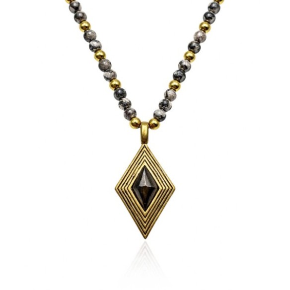 Collier acier - PVD doré - jaspe gris & labradorite - billes 4mm - pendentif 16x25x5mm - 45+10cm