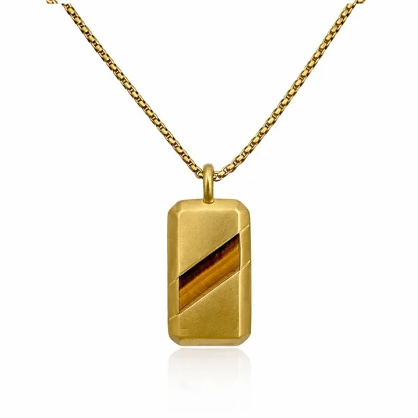 Collier acier - PVD doré - œil de tigre - pendentif - 20x30x3mm - 45+10cm